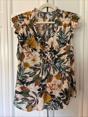 Floral Printed Ruffled Sleeve Blouse - Cream/Green